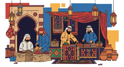 رسومات وتصاميم منوعة، مفهوم القوة الشرائية، رسم توضيحي لسوق عربي، بازار التوابل، مشهد السوق التقليدي، بائعون عرب خليجيون يرتدون الزي التقليدي، فيكتور اليستريتور