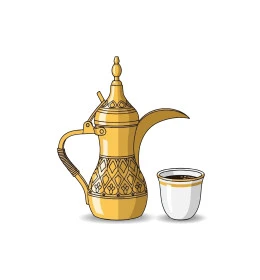  عادات وتقاليد شعبية في تقديم القهوة,  رسم لدلة القهوة العربية باللون الذهبي مع فنجان باللون الأبيض المذهب , كرم الضيافة وحسن الاستقبال في المملكة العربية السعودية، خلفية بيضاء، فيكتور اليستريتور