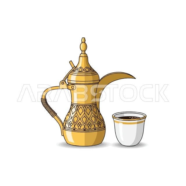  عادات وتقاليد شعبية في تقديم القهوة,  رسم لدلة القهوة العربية باللون الذهبي مع فنجان باللون الأبيض المذهب , كرم الضيافة وحسن الاستقبال في المملكة العربية السعودية، خلفية بيضاء، فيكتور اليستريتور
