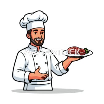 A welcoming gesture from the chef, the chef's special attire, a cartoon drawing of a smiling Arab chef presenting a steak on a plate in a professional manner, isolated, white background, vector illustration.