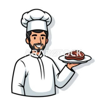 Chef's special attire, a welcoming gesture from the chef, a cartoon drawing of a smiling Arab chef presenting a steak on a plate in a professional manner, isolated, white background, vector illustration.