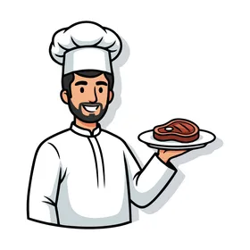 Chef's special attire, a welcoming gesture from the chef, a cartoon drawing of a smiling Arab chef presenting a steak on a plate in a professional manner, isolated, white background, vector illustration.