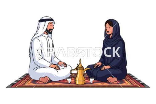 تبادل الاحاديث في الجلسات الهادئة,  رسم كرتوني لزوجان عربيان يجلسان على السجادة ويشربان القهوة التقليدية في مكان مريح على سجادة منقوشة، معزول، خلفية بيضاء، فيكتور اليستريتور