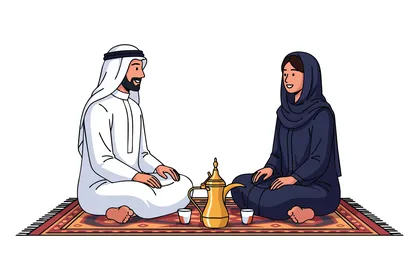 تبادل الاحاديث في الجلسات الهادئة,  رسم كرتوني لزوجان عربيان يجلسان على السجادة ويشربان القهوة التقليدية في مكان مريح على سجادة منقوشة، معزول، خلفية بيضاء، فيكتور اليستريتور