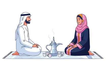 تبادل الاحاديث في الجلسات الهادئة,  رسم كرتوني لزوجان عربيان يجلسان على السجادة ويشربان القهوة التقليدية في مكان مريح على سجادة منقوشة، معزول، خلفية بيضاء، فيكتور اليستريتور