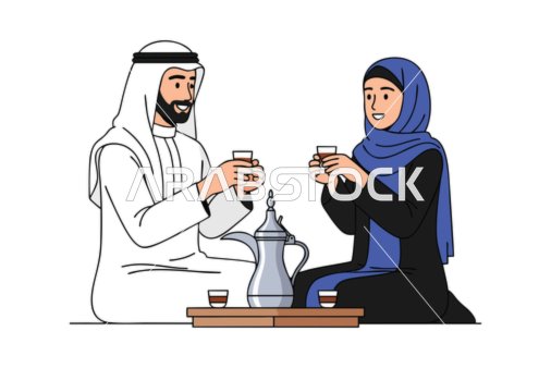 كرم الضيافة وحسن الاستقبال،  رسم كرتوني لزوجان عربيان يجلسان على السجادة ويشربان القهوة التقليدية على طاولة في مكان مريح، معزول، خلفية بيضاء، فيكتور اليستريتور