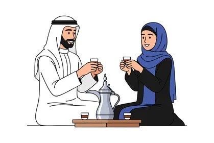 كرم الضيافة وحسن الاستقبال،  رسم كرتوني لزوجان عربيان يجلسان على السجادة ويشربان القهوة التقليدية على طاولة في مكان مريح، معزول، خلفية بيضاء، فيكتور اليستريتور