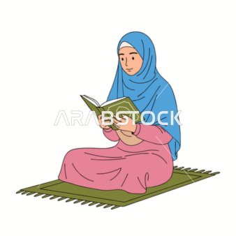 مفهوم العبادة والتقرب لى الله، رسم كرتوني لامرأة مسلمة ترتدي الحجاب وتقرأ القرآن وهي تجلس على سجادة الصلاة في لحظة سلمية، معزول، خلفية بيضاء، فيكتور اليستريتور