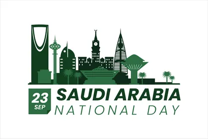 National Day September 23, design templates for celebrating national occasions and holidays, famous towers and skyscrapers in the Kingdom in green, Flag Day March 11, the phrase "Kingdom of Saudi Arabia" in English, white background, vector illustrator.