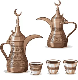 دلال قهوة معدنية مع فناجين من التراث الخليجي التقليدي، مفهوم الكرم وحسن الاستقبال، الضيافة العربيه السعودية، خلفية بيضاء ،فيكتور اليستريتور
