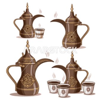 A metal coffee pot with cups from traditional Gulf heritage, the concept of generosity and hospitality, Saudi Arabian hospitality, white background, vector illustration.