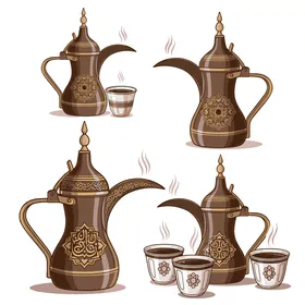 دلال قهوة معدنية مع فناجين من التراث الخليجي التقليدي، مفهوم الكرم وحسن الاستقبال، الضيافة العربيه السعودية، خلفية بيضاء ،فيكتور اليستريتور