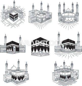 7 مجموعات أيقونات متجهة لفن الخط الخاص بالكعبة ومسجد مكة
