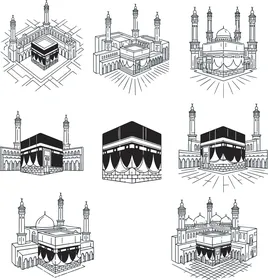 7 مجموعات أيقونات متجهة لفن الخط الخاص بالكعبة ومسجد مكة