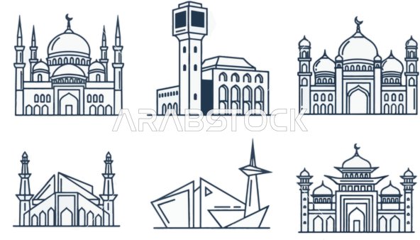 Illustrations of a group of mosques with different architectural designs, places of worship and closeness to God Almighty, white background, vector illustration.