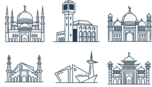 رسوم توضيحية لمجموعة من المساجد بتصاميم معمارية مختلفة، اماكن العبادة والتقرب إلى الله تعالى، خلفية بيضاء, فيكتور اليسريتور