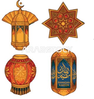 Illustrations of Arabic Islamic lanterns, religious holidays and occasions, design template for a collection of Ramadan lamps in different shapes, the blessed month of Ramadan, Ramadan decorations and ornaments, white background, vector illustrator.