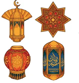 رسوم توضيحية للفوانيس الإسلامية العربية, أعياد ومناسبات دينية, قالب تصميم لمجموعة من المصابيح الرمضانية بأشكال مختلفة، شهر رمضان المبارك، ديكورات وزينة رمضان، خلفية بيضاء، فيكتور اليستريتور