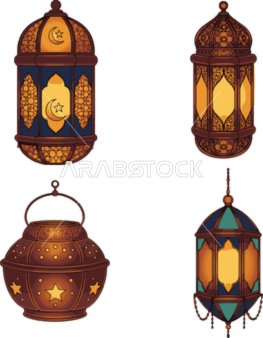 Illustrations of Arabic Islamic lanterns, religious holidays and occasions, design template for a collection of Ramadan lamps in different shapes, the blessed month of Ramadan, Ramadan decorations and ornaments, white background, vector illustrator.