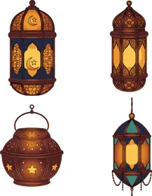 Illustrations of Arabic Islamic lanterns, religious holidays and occasions, design template for a collection of Ramadan lamps in different shapes, the blessed month of Ramadan, Ramadan decorations and ornaments, white background, vector illustrator.