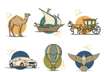 مجموعة من رسوم توصيحية لوسائل النقل والمواصلات البرية والبحرية والجوية، خلفية بيضاء، رسومات وتصاميم متنوعة،  فيكتور اليستريتور