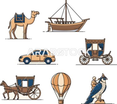 مجموعة من رسوم توصيحية لوسائل النقل والمواصلات البرية والبحرية والجوية، خلفية بيضاء، رسومات وتصاميم متنوعة،  فيكتور اليستريتور