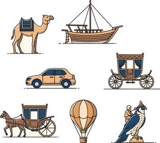 مجموعة من رسوم توصيحية لوسائل النقل والمواصلات البرية والبحرية والجوية، خلفية بيضاء، رسومات وتصاميم متنوعة،  فيكتور اليستريتور