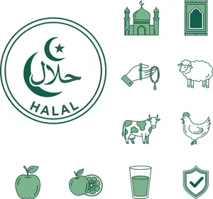رموز وأيقونات متنوعة، نماذج شعارات باللغة العربية والانجليزية، شعار حلال باللون الأخضر، ملصقات طعام الحلال التقليدية الاسلامية، البقر والضأن والسمك والدجاج والحليب، خلفية بيضاء، فيكتور اليستريتور