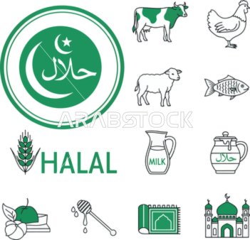 رموز وأيقونات متنوعة، نماذج شعارات باللغة العربية والانجليزية، شعار حلال باللون الأخضر، ملصقات طعام الحلال التقليدية الاسلامية، البقر والضأن والسمك والدجاج والحليب، خلفية بيضاء، فيكتور اليستريتور