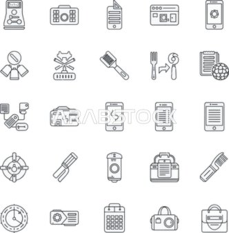 فيكتور خطي لمجموعة أيقونات ادوات السفر لقضاء فريضة الحج والعمرة ، خلفية بيضاء معزولة ، فيكتور اليستريتور.