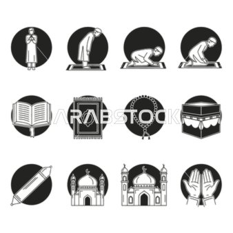 ايقونات ورموز شهر رمضان المبارك، أعياد ومناسبات دينية اسلامية، مفهوم العبادة والتقرب الى الله تعالى, خلفية بيضاء، فيكتور اليستريتور