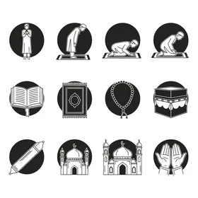 Icons and symbols of the blessed month of Ramadan, Islamic religious holidays and occasions, the concept of worship and drawing closer to Allah Almighty, white background, vector illustrator.