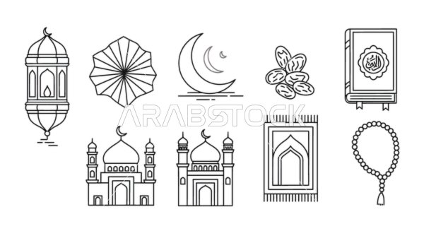 ايقونات ورموز شهر رمضان المبارك، أعياد ومناسبات دينية اسلامية، مفهوم العبادة والتقرب الى الله تعالى, خلفية بيضاء، فيكتور اليستريتور