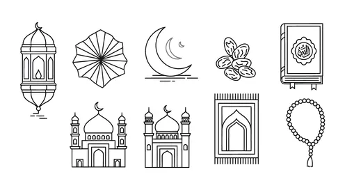 ايقونات ورموز شهر رمضان المبارك، أعياد ومناسبات دينية اسلامية، مفهوم العبادة والتقرب الى الله تعالى, خلفية بيضاء، فيكتور اليستريتور