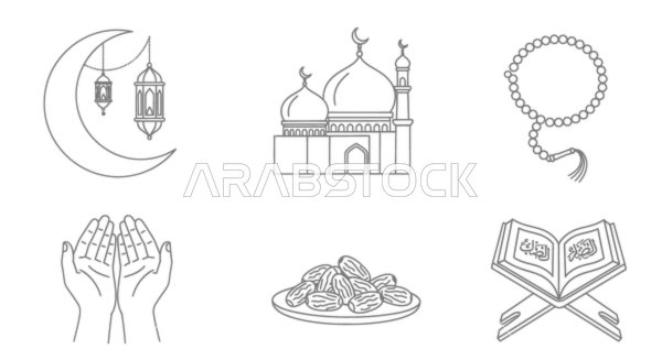 ايقونات ورموز شهر رمضان المبارك، أعياد ومناسبات دينية اسلامية، مفهوم العبادة والتقرب الى الله تعالى, خلفية بيضاء، فيكتور اليستريتور