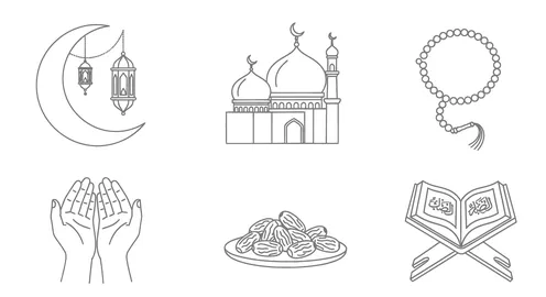 Icons and symbols of the blessed month of Ramadan, Islamic religious holidays and occasions, the concept of worship and drawing closer to Allah Almighty, white background, vector illustrator.