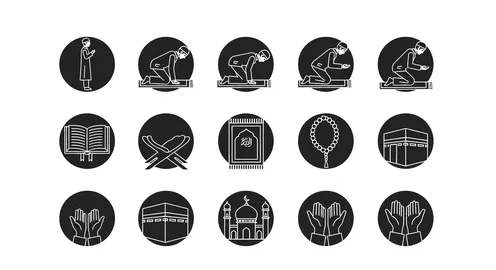Icons and symbols of the blessed month of Ramadan, Islamic religious holidays and occasions, the concept of worship and drawing closer to Allah Almighty, white background, vector illustrator.