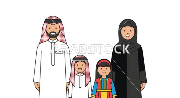 رسم توضيحي لعائلة عربية خليجية سعودية، أب وأم وابن وابنة  ،قضاء الوقت مع الأهل والعائلة ، فيكتور اليستريتور، خلفية بيضاء .