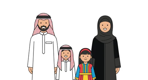 رسم توضيحي لعائلة عربية خليجية سعودية، أب وأم وابن وابنة  ،قضاء الوقت مع الأهل والعائلة ، فيكتور اليستريتور، خلفية بيضاء .