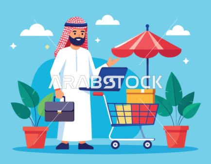 استخدام جهاز تقني حديث، قضاء وقت ممتع في التسوق، رسم توضيحي لرجل عربي خليجي سعودي يرتدي الثوب والشماغ التقليدي يقوم بجر عربة التسوق في السوبر ماركة، فيكتور اليستريتور.