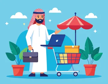 استخدام جهاز تقني حديث، قضاء وقت ممتع في التسوق، رسم توضيحي لرجل عربي خليجي سعودي يرتدي الثوب والشماغ التقليدي يقوم بجر عربة التسوق في السوبر ماركة، فيكتور اليستريتور.