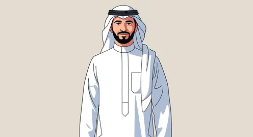 الاناقة والاهتمامم بالمظهر الخارجي، رسم توضيحي لرجل عربي خليجي سعودي يرتدي الثوب والشماغ التقليدي، خلفية بيضاء، فيكتور اليستريتور.