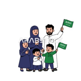 The concept of a happy family, a cartoon drawing of a family consisting of a father, mother, and three children, celebrating a national occasion with pride, holding green national flags, white background, vector illustration.