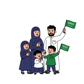 مفهوم العائلة السعيدة،رسم كرتوني لعائلة تتكون من الأب والأم وثلاثة أطفال، تحتفل بمناسبة وطنية بفخر، حاملة الأعلام الخضراء الوطنية، خلفية بيضاء، فيكتور اليستريتور