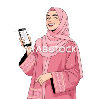 مفهوم التطور التكنولوجي، رسم كرتوني لامرأة مبتسمة ترتدي عباءة وردية تستخدم هاتفًا ذكيًا، ملامح النعومة والأنوثة، تواصل وتصفح مواقع تواصل، خلفية بيضاء، فيكتور اليستريتور