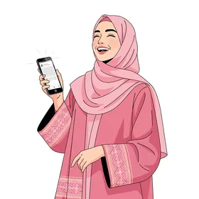 مفهوم التطور التكنولوجي، رسم كرتوني لامرأة مبتسمة ترتدي عباءة وردية تستخدم هاتفًا ذكيًا، ملامح النعومة والأنوثة، تواصل وتصفح مواقع تواصل، خلفية بيضاء، فيكتور اليستريتور