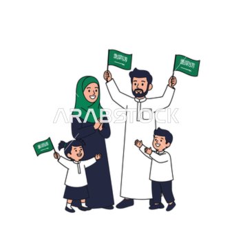 مفهوم العائلة السعيدة،رسم كرتوني لعائلة تتكون من الأب والأم وطفلين، تحتفل بمناسبة وطنية بفخر، حاملة الأعلام الخضراء الوطنية، خلفية بيضاء، فيكتور اليستريتور