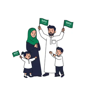 مفهوم العائلة السعيدة،رسم كرتوني لعائلة تتكون من الأب والأم وطفلين، تحتفل بمناسبة وطنية بفخر، حاملة الأعلام الخضراء الوطنية، خلفية بيضاء، فيكتور اليستريتور