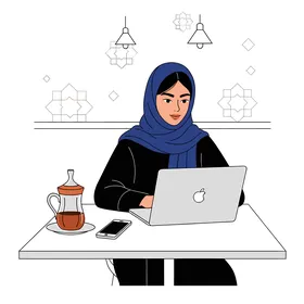إدارة العمل والمهام اليومية عن بعد، رسم كرتوني لامرأة مبتسمة ترتدي عباءة تعمل في مقهى تستخدم الحاسوب المحمول، ملامح النعومة والأنوثة، تواصل وتصفح مواقع تواصل، خلفية بيضاء، فيكتور اليستريتور