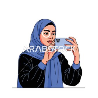 توثيق اللحظات السعيدة، رسم كرتوني لامرأة عربية خليجية سعودية مبتسمة ترتدي عباءة تلتقط صورة سيلفي تذكارية باستخدام الهاتف المحمول، ملامح النعومة والأنوثة، خلفية بيضاء، فيكتور اليستريتور